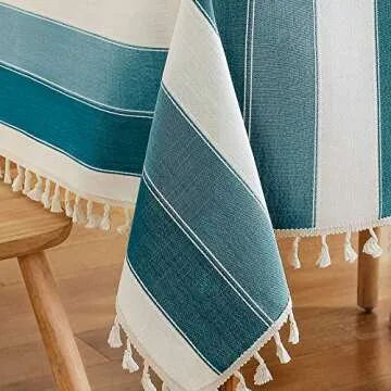 AmHoo Striped Tassel Tablecloth Stitching Rectangle Table Cloth Cotton Linen Fabric Table Cover for Kitchen Dinning Tabletop 55 x 70 Inch Teal