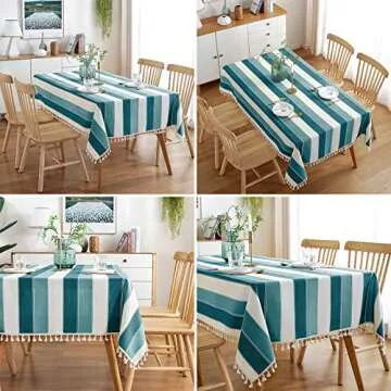 AmHoo Striped Tassel Tablecloth Stitching Rectangle Table Cloth Cotton Linen Fabric Table Cover for Kitchen Dinning Tabletop 55 x 70 Inch Teal