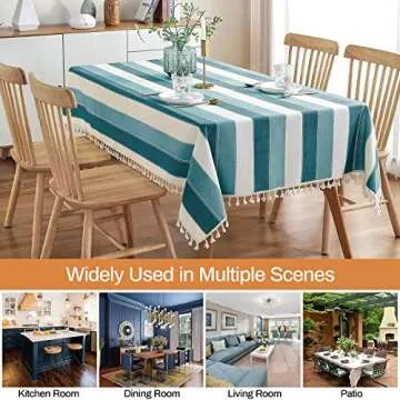 AmHoo Striped Tassel Tablecloth Stitching Rectangle Table Cloth Cotton Linen Fabric Table Cover for Kitchen Dinning Tabletop 55 x 70 Inch Teal