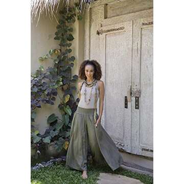 Back From Bali Womens Boho Wide Leg Palazzo Pants Smocked Waist Harem Lounge Loose Summer Beach Pants Olive S/M