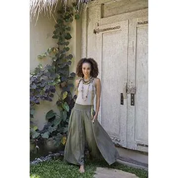 Back From Bali Womens Boho Wide Leg Palazzo Pants Smocked Waist Harem Lounge Loose Summer Beach Pants Olive S/M