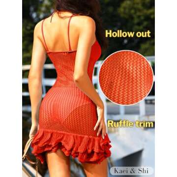 Kaei&Shi Crochet Beach Cover Up,Fishnet Frilly Mini Dress,V Neck Swimsuit Pool Party Outfits for Women Vacation Night Out Red Large