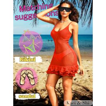 Kaei&Shi Crochet Beach Cover Up,Fishnet Frilly Mini Dress,V Neck Swimsuit Pool Party Outfits for Women Vacation Night Out Red Large