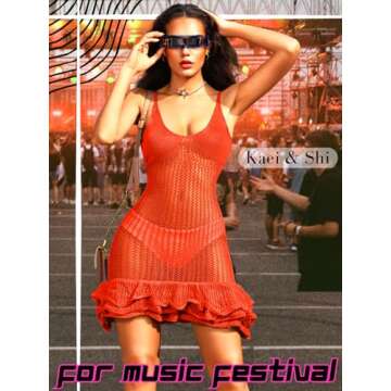 Kaei&Shi Crochet Beach Cover Up,Fishnet Frilly Mini Dress,V Neck Swimsuit Pool Party Outfits for Women Vacation Night Out Red Large