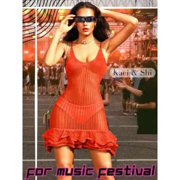 Kaei&Shi Crochet Beach Cover Up,Fishnet Frilly Mini Dress,V Neck Swimsuit Pool Party Outfits for Women Vacation Night Out Red Large