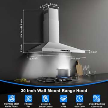 Zomagas Wall Mount Range Hood 30 inch, Ducted/Ductless Range Hood with Gesture Sensing & Touch Contr...