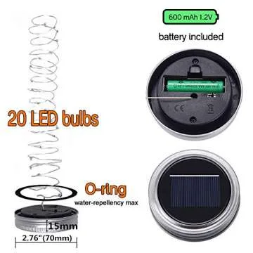 Solar Mason Jar Lights [Updated], 8 Pack 20 LED Waterproof Fairy Firefly Jar Lids String Lights with Hangers(NO JARS), Patio Yard Garden Wedding Decoration - Warm White