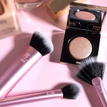 Real Techniques Cruelty Free Sculpting Set, Includes Fan or Setting Brush & Brush Cup, Synthetic Bristles, Pink, 4 Piece