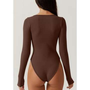 QINSEN Womens Plunge Top for Casual Wear Long Sleeve Stretch Loungewear Bodysuit Brown S