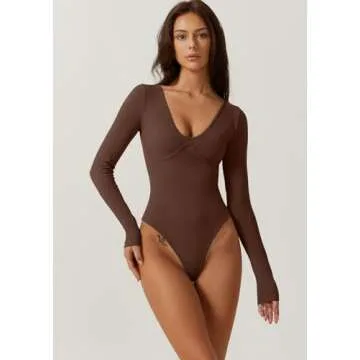 QINSEN Womens Plunge Top for Casual Wear Long Sleeve Stretch Loungewear Bodysuit Brown S