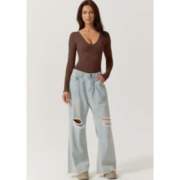 QINSEN Womens Plunge Top for Casual Wear Long Sleeve Stretch Loungewear Bodysuit Brown S