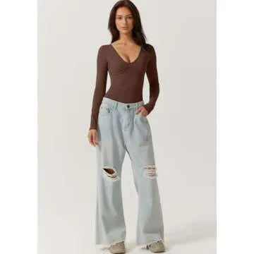 QINSEN Womens Plunge Top for Casual Wear Long Sleeve Stretch Loungewear Bodysuit Brown S