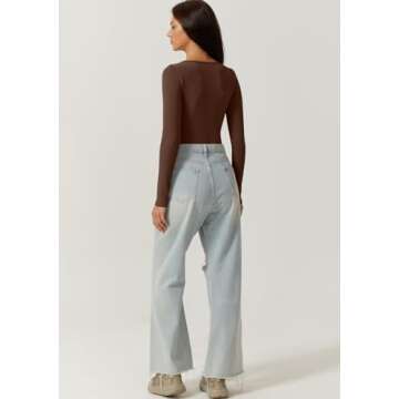 QINSEN Womens Plunge Top for Casual Wear Long Sleeve Stretch Loungewear Bodysuit Brown S