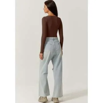 QINSEN Womens Plunge Top for Casual Wear Long Sleeve Stretch Loungewear Bodysuit Brown S