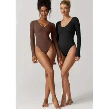 QINSEN Womens Plunge Top for Casual Wear Long Sleeve Stretch Loungewear Bodysuit Brown S