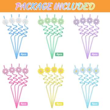 24 Pcs Plastic Flower Straws Groovy Daisy Flower Straws Reusable Straws Bulk Daisy Party Favors Flow...
