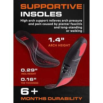 220+ lbs Plantar Fasciitis High Arch Support Insoles Men Women - Orthotic Shoe Inserts - Boot Work Shoe Insole (XL, Black)
