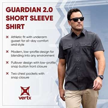 Vertx Guardian Mens Tactical Shirt, Short Sleeves, Concealed Carry Clothing for Police, Special OPs, Combat, Law Enforcement Apparel, Snap Button Fastening, Athletic Fit, Blue Ash Plaid, Small