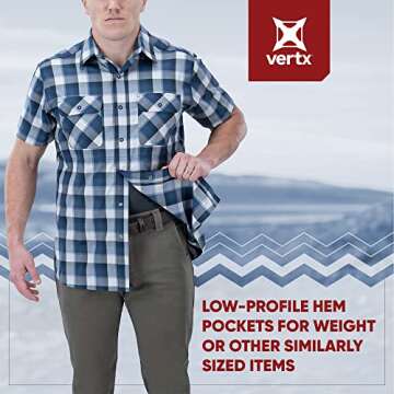 Vertx Guardian Mens Tactical Shirt, Short Sleeves, Concealed Carry Clothing for Police, Special OPs, Combat, Law Enforcement Apparel, Snap Button Fastening, Athletic Fit, Blue Ash Plaid, Small