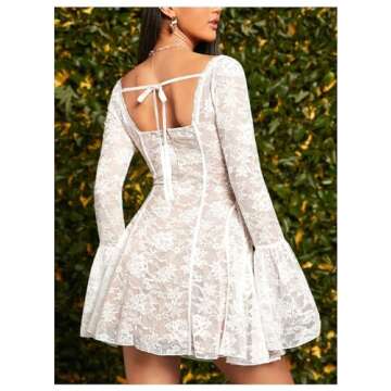 SHENHE Women's Lace Bell Sleeve Bow Tie Flowy Dress A Line Mini Dress White S