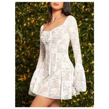 SHENHE Women's Lace Bell Sleeve Bow Tie Flowy Dress A Line Mini Dress White S