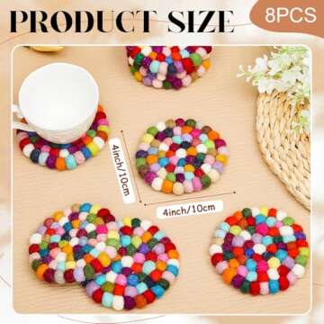 Tessco 8 Pcs Round Felt Ball Coasters Wool Absorbent Handmade Rainbow Colorful Felt Coaster for Drin...