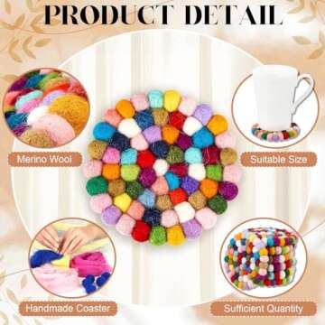 Tessco 8 Pcs Round Felt Ball Coasters Wool Absorbent Handmade Rainbow Colorful Felt Coaster for Drinks Office Home Bar Decor