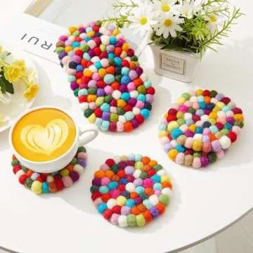 Tessco 8 Pcs Round Felt Ball Coasters Wool Absorbent Handmade Rainbow Colorful Felt Coaster for Drinks Office Home Bar Decor