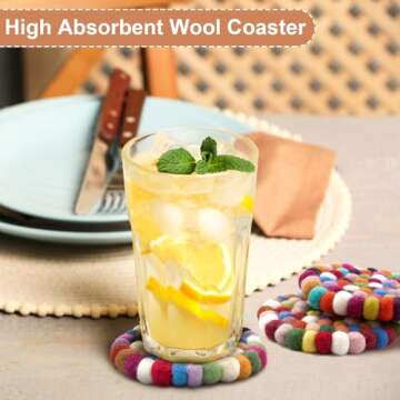 Tessco 8 Pcs Round Felt Ball Coasters Wool Absorbent Handmade Rainbow Colorful Felt Coaster for Drinks Office Home Bar Decor