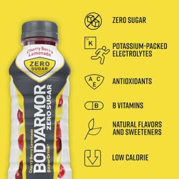 BODYARMOR ZERO Sugar Cherry Berry Lemonade, Sugar Free Sports Drink - Low-Calorie Hydration - Natural Flavors with Potassium Packed Electrolytes, Antioxidants, and B-vitamins,12 fl oz (pack of 8)