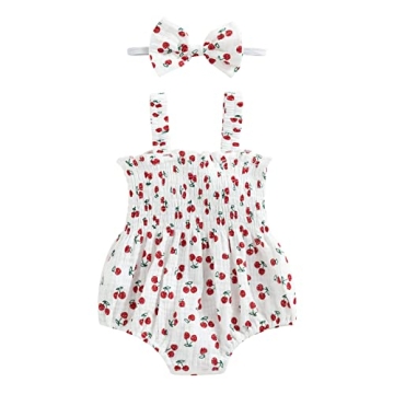 BULINGNA Infant Baby Girl Sleeveless Fruit Print Romper with Headband Cotton Line Bodysuit Summer On...