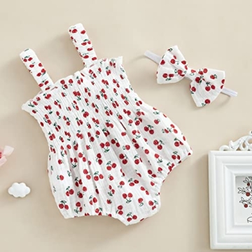 BULINGNA Baby Girl Sleeveless Fruit Print Romper with Headband