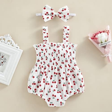 BULINGNA Baby Girl Sleeveless Fruit Print Romper with Headband