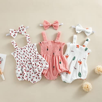 BULINGNA Baby Girl Sleeveless Fruit Print Romper with Headband