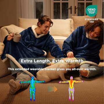 Bedsure Wearable Blanket Hoodie, Long Hooded Blanket Sweatshirt as Birthday Gifts for Women Men, Cozy Sherpa Hoodie for Adult, Standard, Navy