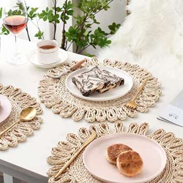 IcosaMro Round Woven Placemats for Small Dining Table Set of 6, 11 Inch Boho Natural Rustic Rattan C...