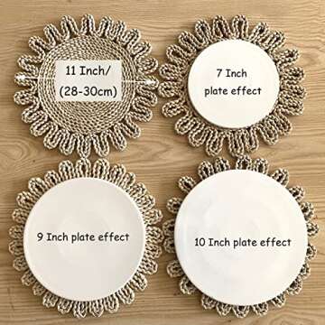 IcosaMro Round Woven Placemats for Small Dining Table Set of 6, 11 Inch Boho Natural Rustic Rattan Charger Plates Wicker Placemats for Holiday Christmas Kitchen Table Mat, Beige