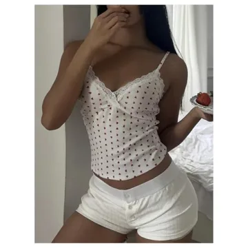 SOLY HUX Women's Lace Trim Heart Print Cami Crop Top