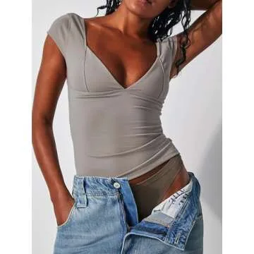 ForeFair Women Sexy Deep V Neck Backless Tank Top Slim Fit Summer Casual Y2k Crop Short Sleeve Top(Taupe,S)