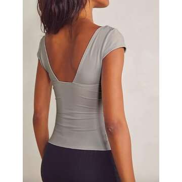 ForeFair Women Sexy Deep V Neck Backless Tank Top Slim Fit Summer Casual Y2k Crop Short Sleeve Top(Taupe,S)