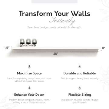 InPlace Wall Mount Slim Shelf with Hidden Brackets - Easy to Install & Remove, Floating Shelves for ...