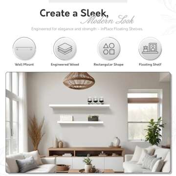 InPlace Wall Mount Slim Shelf with Hidden Brackets - Easy to Install & Remove, Floating Shelves for Wall - MDF Shelf for Living Room, Closet, Bedroom & Kitchen - 8"D x 48"W x 1.5"H - White - 9603006E