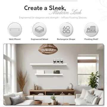 InPlace Wall Mount Slim Shelf with Hidden Brackets - Easy to Install & Remove, Floating Shelves for Wall - MDF Shelf for Living Room, Closet, Bedroom & Kitchen - 8"D x 48"W x 1.5"H - White - 9603006E