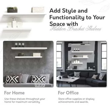 InPlace Wall Mount Slim Shelf with Hidden Brackets - Easy to Install & Remove, Floating Shelves for Wall - MDF Shelf for Living Room, Closet, Bedroom & Kitchen - 8"D x 48"W x 1.5"H - White - 9603006E