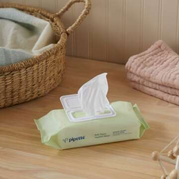 Pipette Baby Wipes - 100% Natural Plant-Derived Fibers, Unscented, Water-Based & Alcohol-Free for Sensitive Skin, Clean, Safe, Gentle, Newborn Essentials Must Haves, 50 Count (Pack of 1)