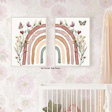 Boho Rainbow Wall Art Prints Boho Wildflower Nursery Decor Boho Nursery Decor for GirlS Pink Boho Mu...