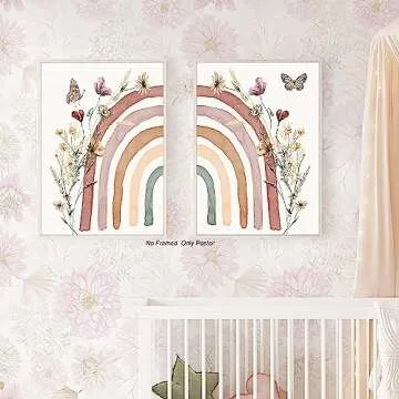 Boho Rainbow Wall Art Prints Boho Wildflower Nursery Decor Boho Nursery Decor for GirlS Pink Boho Mu...