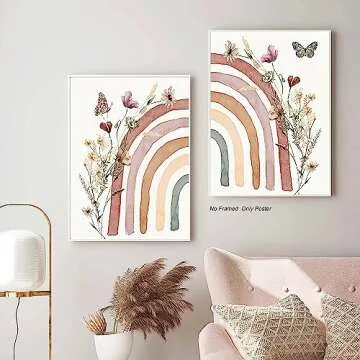 Boho Rainbow Wall Art Prints Boho Wildflower Nursery Decor Boho Nursery Decor for GirlS Pink Boho Mursery Decor Rainbow Classroom Decor Baby Girl Nursery Wall Decor for Kids Boho Rainbow Poster Set of 2 16*24 Inch Unframed (F, 16*24 inch Unframed)