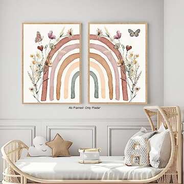 Boho Rainbow Wall Art Prints Boho Wildflower Nursery Decor Boho Nursery Decor for GirlS Pink Boho Mursery Decor Rainbow Classroom Decor Baby Girl Nursery Wall Decor for Kids Boho Rainbow Poster Set of 2 16*24 Inch Unframed (F, 16*24 inch Unframed)