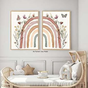 Boho Rainbow Wall Art Prints Boho Wildflower Nursery Decor Boho Nursery Decor for GirlS Pink Boho Mursery Decor Rainbow Classroom Decor Baby Girl Nursery Wall Decor for Kids Boho Rainbow Poster Set of 2 16*24 Inch Unframed (F, 16*24 inch Unframed)